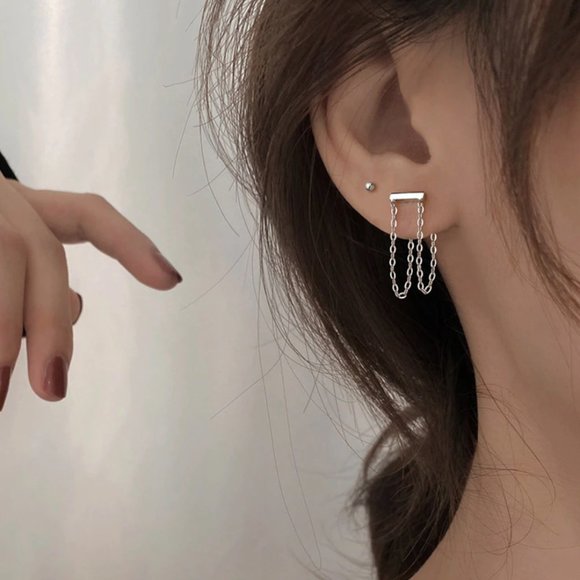 Sterling Silver Double Tassel Drop Strand Minimalist Earrings - Picture 3 of 7